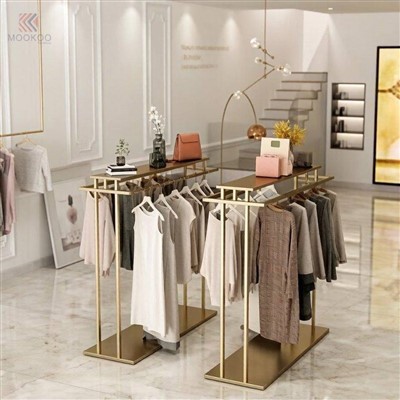 Altın Metal Giyim Vitrin Butik Giyim Mağazası Ekranı İçin Tekerlekli Çift Sıralı Perakende Elbise Rafı