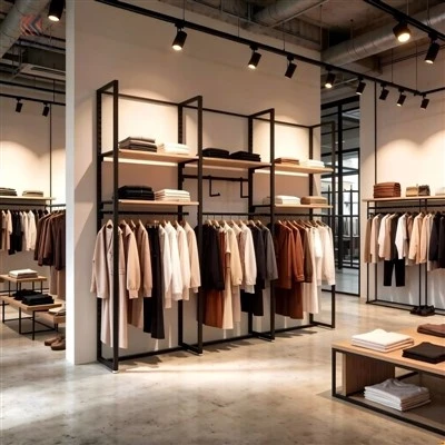 Modern Minimalist Elbise Teşhir Rafı Siyah Çelik Boru Çok-İşlevli Merkez Ada Rafı Üst Düzey Giyim Mağazası Mobilyaları