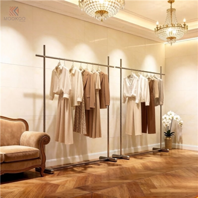 MOOKOO Modern Özelleştirilebilir Paslanmaz Çelik Zemin Ayakta kıyafet rafı Dönen Tekerlekler Ağır Hizmet Tipi Konfeksiyon Teşhir Butik